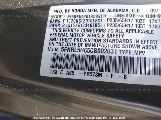 5FNRL5H65CB002031 - 2012 HONDA ODYSSEY EXL BROWN photo 9