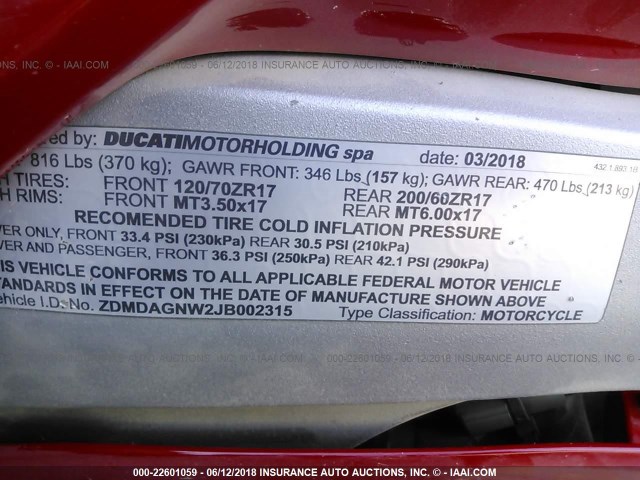 ZDMDAGNW2JB002315 - 2018 DUCATI PANIGALE V4/V4S/V4S SPECIALE RED photo 10