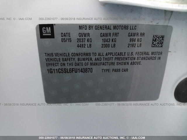 1G11C5SL6FU143870 - 2015 CHEVROLET MALIBU 1LT WHITE photo 9