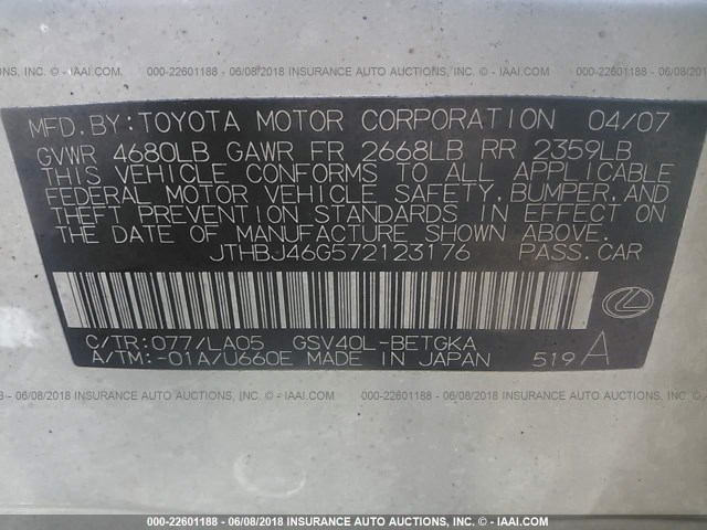 JTHBJ46G572123176 - 2007 LEXUS ES 350 WHITE photo 9