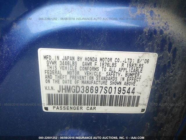 JHMGD38697S019544 - 2007 HONDA FIT S BLUE photo 9