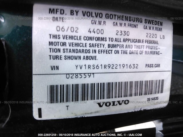 YV1RS61R922191632 - 2002 VOLVO S60 GREEN photo 9