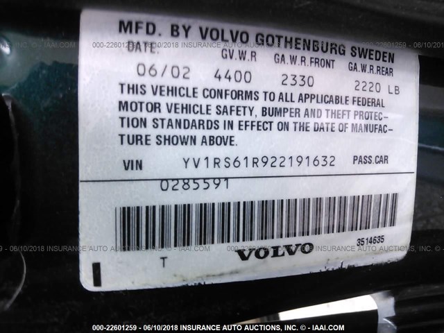 YV1RS61R922191632 - 2002 VOLVO S60 Зелений фото 9