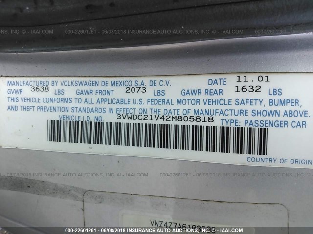 3VWDC21V42M805818 - 2002 VOLKSWAGEN CABRIO GLX 银色 照片 9