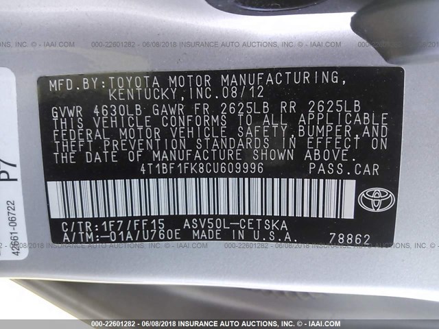 4T1BF1FK8CU609996 - 2012 TOYOTA CAMRY SE/LE/XLE 银色 照片 9
