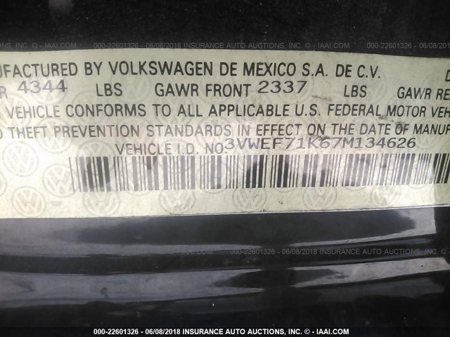 3VWEF71K67M134626 - 2007 VOLKSWAGEN JETTA WOLFSBURG 黑色 照片 9