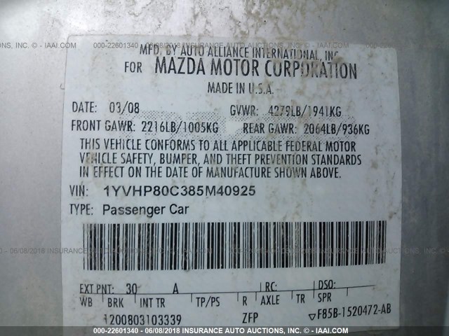 1YVHP80C385M40925 - 2008 MAZDA 6 I Gümüş fotoğraf 9