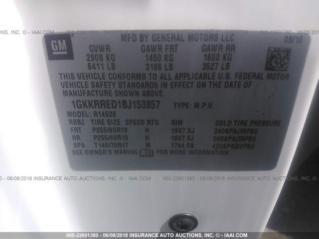 1GKKRRED1BJ153857 - 2011 GMC ACADIA SLT-1 Weiß Foto 9