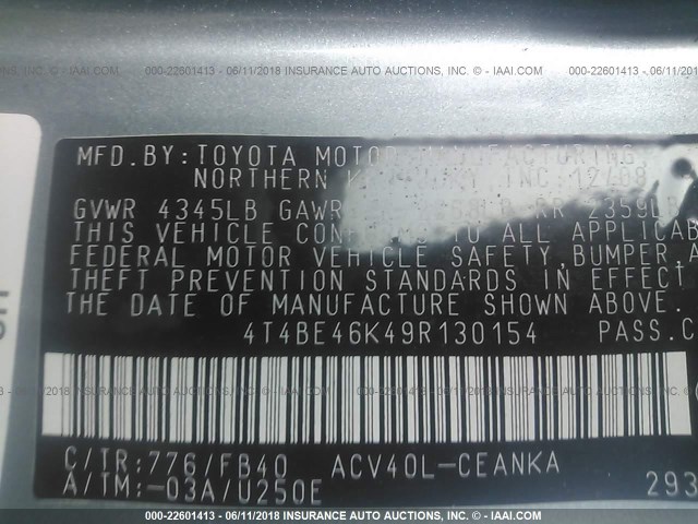 4T4BE46K49R130154 - 2009 TOYOTA CAMRY SE/LE/XLE BLUE photo 9