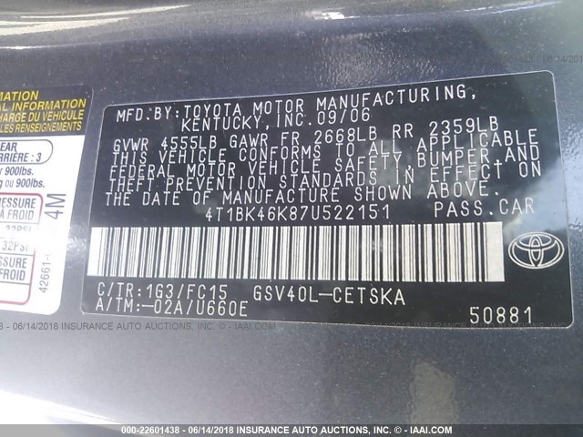 4T1BK46K87U522151 - 2007 TOYOTA CAMRY NEW GENERAT LE/XLE/SE GRAY photo 9