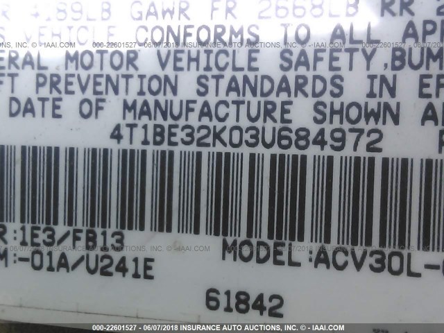 4T1BE32K03U684972 - 2003 TOYOTA CAMRY LE/XLE/SE ნაცრისფერი ფოტო 9