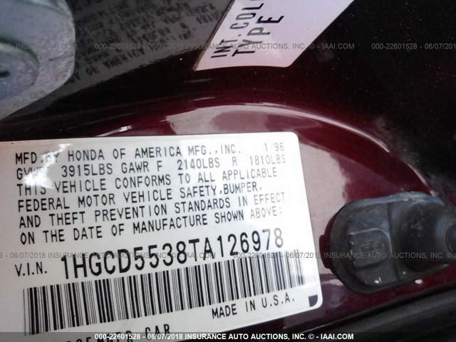 1HGCD5538TA126978 - 1996 HONDA ACCORD LX/EX Burdeos foto 9