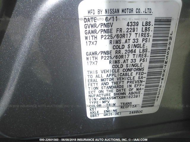 JN8AS5MTXBW182391 - 2011 NISSAN ROGUE S/SV/KROM GRAY photo 9