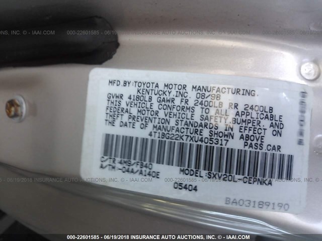 4T1BG22K7XU405317 - 1999 TOYOTA CAMRY CE/LE/XLE TAN photo 9