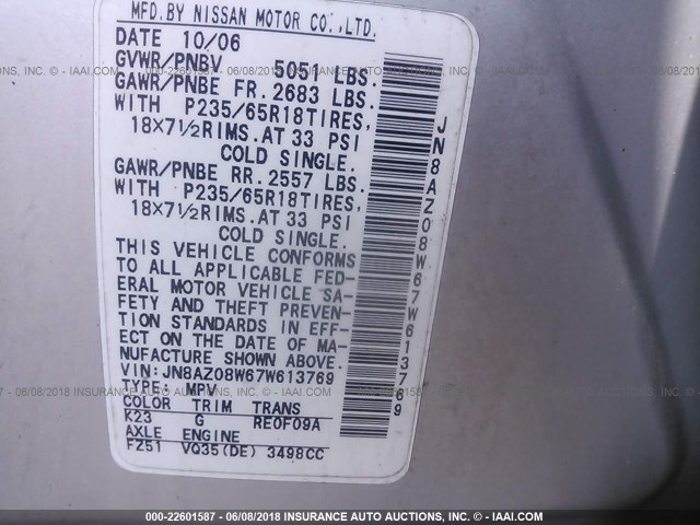 JN8AZ08W67W613769 - 2007 NISSAN MURANO SL/SE/S SILVER photo 9