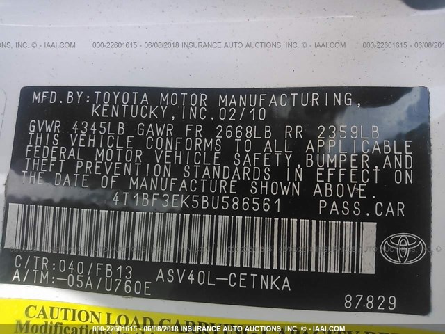 4T1BF3EK5BU586561 - 2011 TOYOTA CAMRY SE/LE/XLE WHITE photo 9