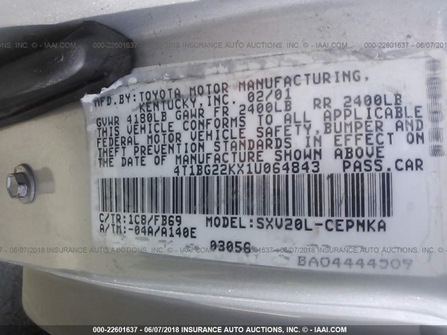 4T1BG22KX1U064843 - 2001 TOYOTA CAMRY CE/LE/XLE SILVER photo 9