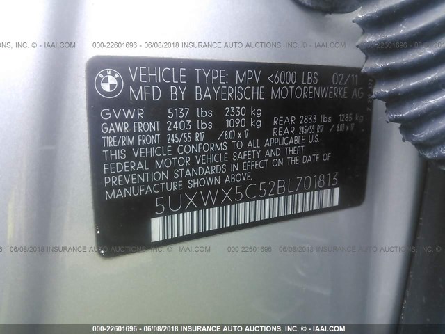 5UXWX5C52BL701813 - 2011 BMW X3 XDRIVE28I SILVER photo 9