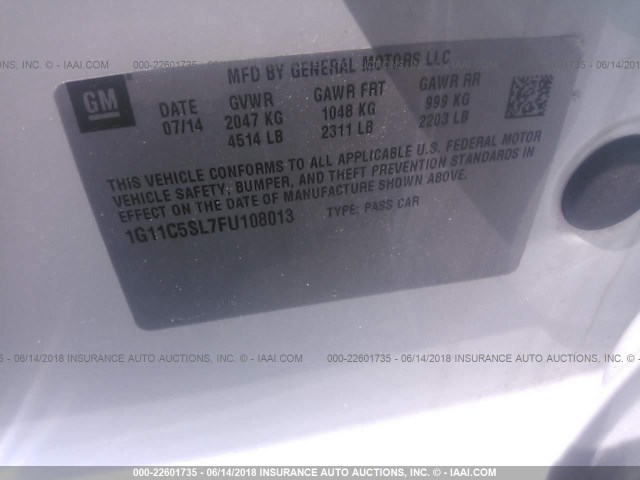 1G11C5SL7FU108013 - 2015 CHEVROLET MALIBU 1LT 白色 照片 9