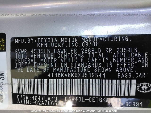 4T1BK46K67U519541 - 2007 TOYOTA CAMRY NEW GENERAT LE/XLE/SE SILVER photo 9