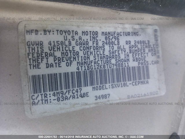 4T1BG12K0TU798811 - 1996 TOYOTA CAMRY DX/LE/XLE GOLD photo 9