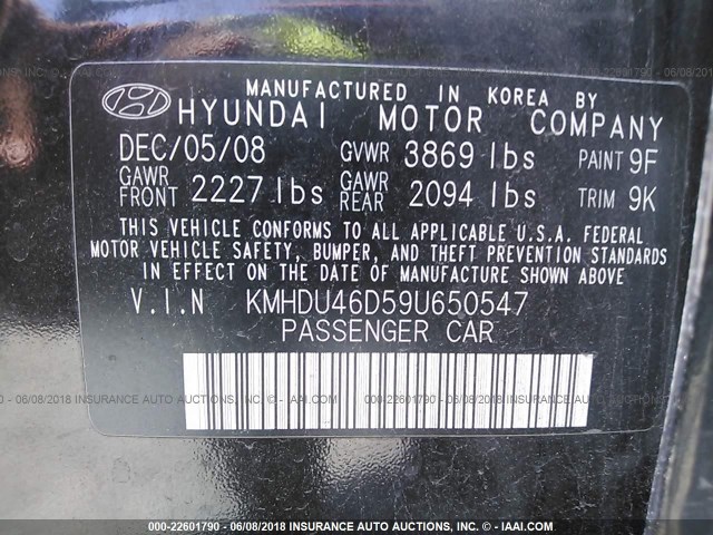 KMHDU46D59U650547 - 2009 HYUNDAI ELANTRA GLS/SE BLACK photo 9