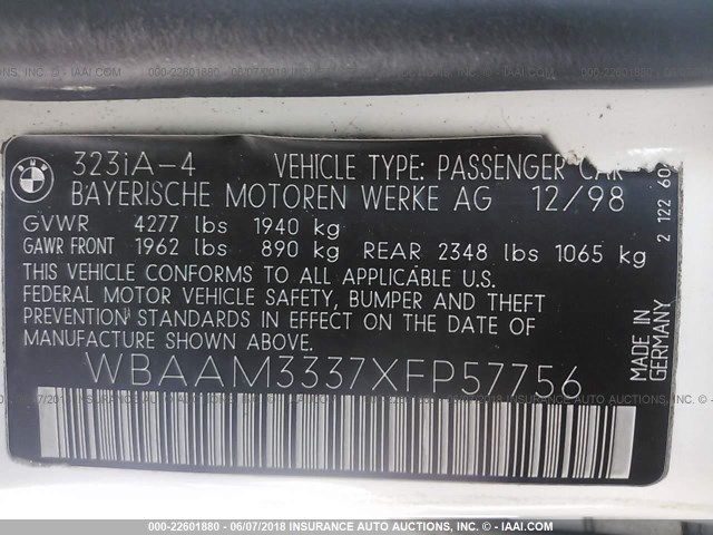 WBAAM3337XFP57756 - 1999 BMW 323 I AUTOMATIC WHITE photo 9