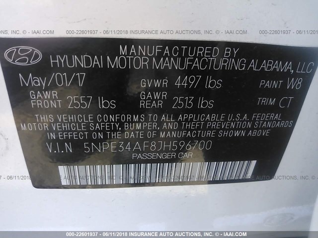 5NPE34AF8JH596700 - 2018 HYUNDAI SONATA SPORT/LIMITED WHITE photo 9