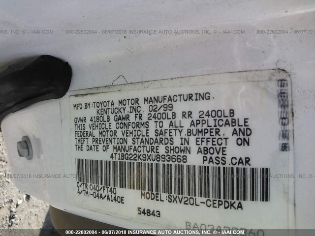 4T1BG22K9XU893668 - 1999 TOYOTA CAMRY CE/LE/XLE 白色 照片 9