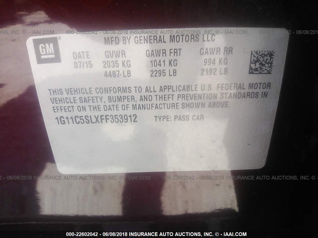 1G11C5SLXFF353912 - 2015 CHEVROLET MALIBU 1LT MAROON photo 9