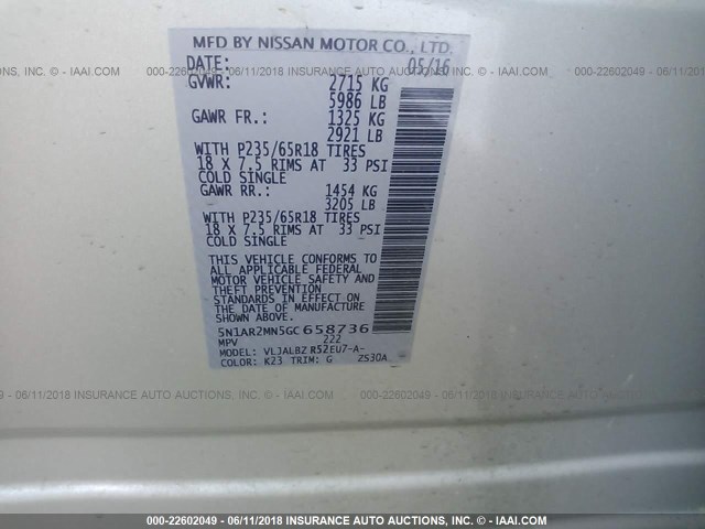 5N1AR2MN5GC658736 - 2016 NISSAN PATHFINDER S/SV/SL/PLATINUM SILVER photo 9