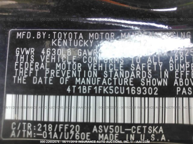 4T1BF1FK5CU169302 - 2012 TOYOTA CAMRY SE/LE/XLE BLACK photo 9