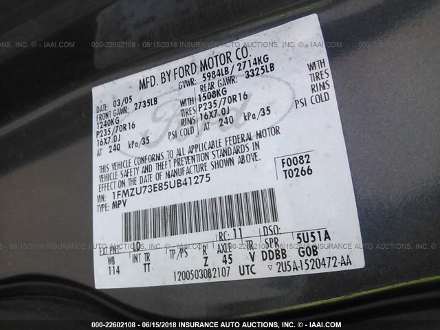 1FMZU73E85UB41275 - 2005 FORD EXPLORER XLT/XLT SPORT/NBX 蓝色 照片 9