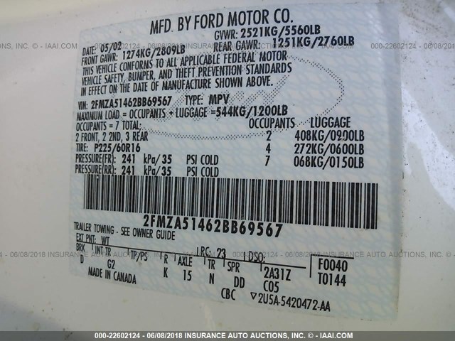 2FMZA51462BB69567 - 2002 FORD WINDSTAR LX WHITE photo 9