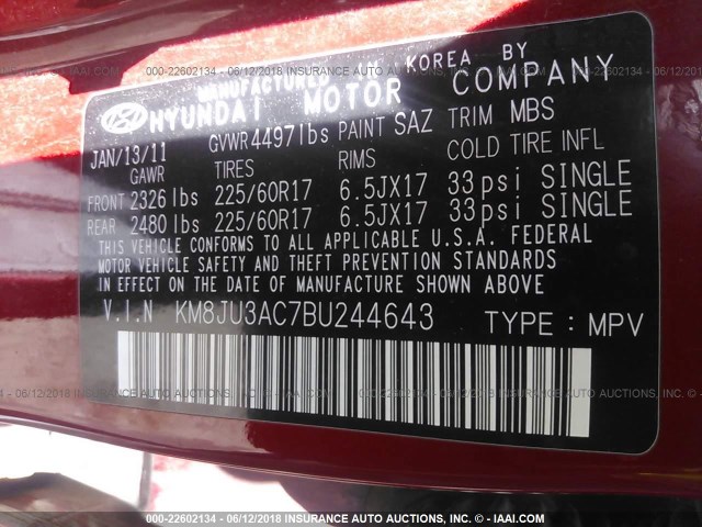 KM8JU3AC7BU244643 - 2011 HYUNDAI TUCSON GLS/LIMITED 栗色 照片 9