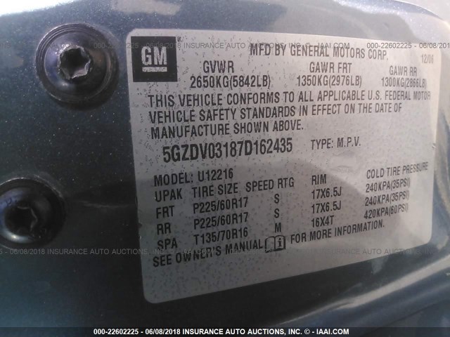 5GZDV03187D162435 - 2007 SATURN RELAY 2 BLUE photo 9