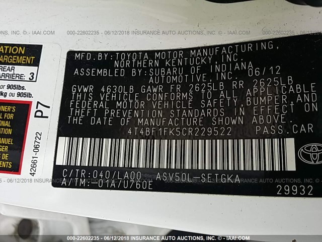 4T4BF1FK5CR229522 - 2012 TOYOTA CAMRY SE/LE/XLE WHITE photo 9