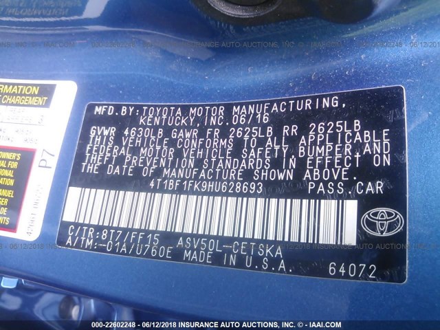 4T1BF1FK9HU628693 - 2017 TOYOTA CAMRY LE/XLE/SE/XSE BLUE photo 9