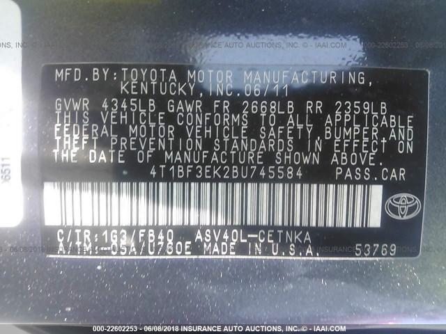 4T1BF3EK2BU745584 - 2011 TOYOTA CAMRY SE/LE/XLE GRAY photo 9