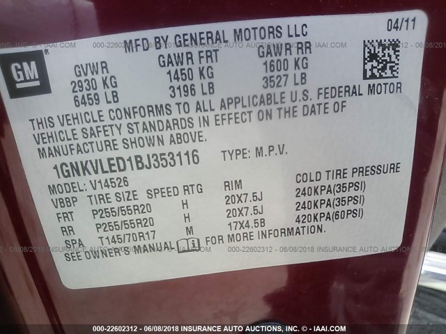 1GNKVLED1BJ353116 - 2011 CHEVROLET TRAVERSE LTZ RED photo 9