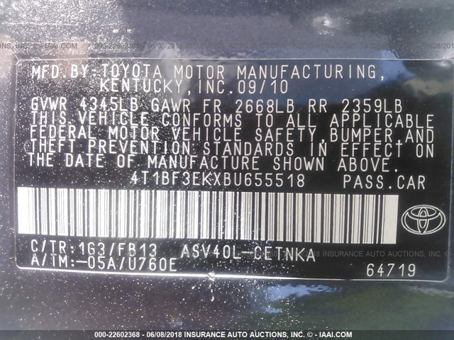 4T1BF3EKXBU655518 - 2011 TOYOTA CAMRY SE/LE/XLE GRAY photo 9