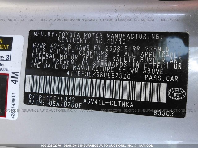 4T1BF3EK5BU667320 - 2011 TOYOTA CAMRY SE/LE/XLE 灰色 照片 9