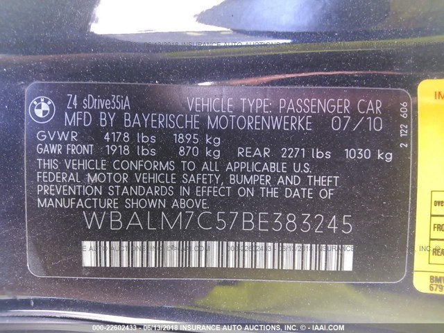 WBALM7C57BE383245 - 2011 BMW Z4 SDRIVE35I შავი ფოტო 9