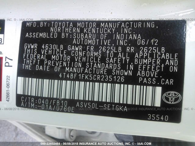 4T4BF1FK5CR235126 - 2012 TOYOTA CAMRY SE/LE/XLE 白色 照片 9