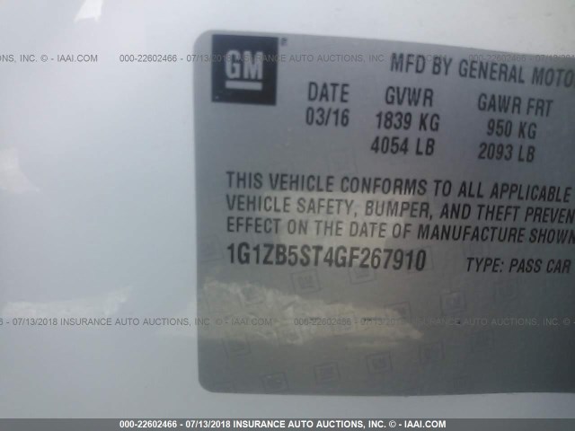 1G1ZB5ST4GF267910 - 2016 CHEVROLET MALIBU LS თეთრი ფოტო 9