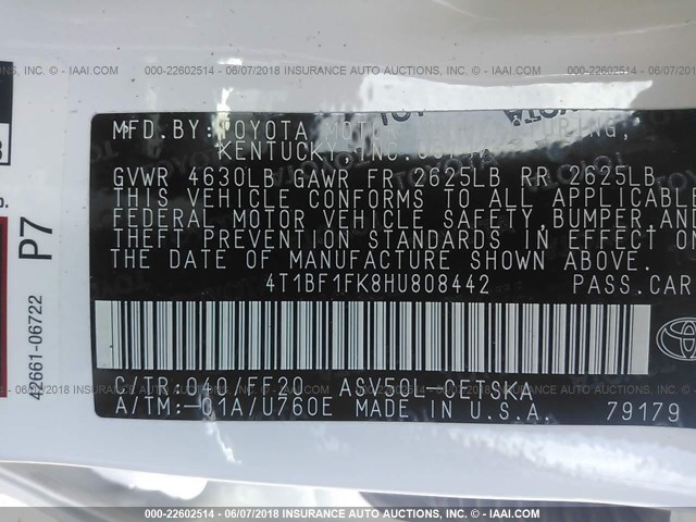 4T1BF1FK8HU808442 - 2017 TOYOTA CAMRY LE/XLE/SE/XSE WHITE photo 9