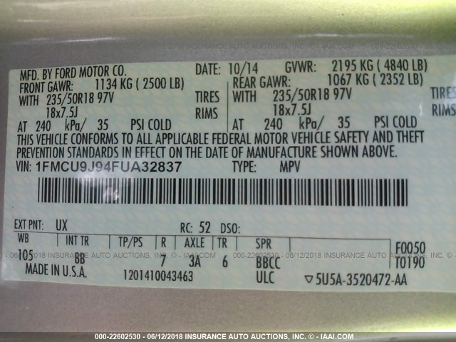 1FMCU9J94FUA32837 - 2015 FORD ESCAPE TITANIUM SILVER photo 9