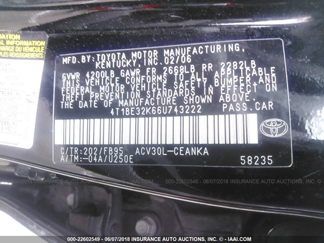 4T1BE32K66U743222 - 2006 TOYOTA CAMRY LE/XLE/SE 黑色 照片 9