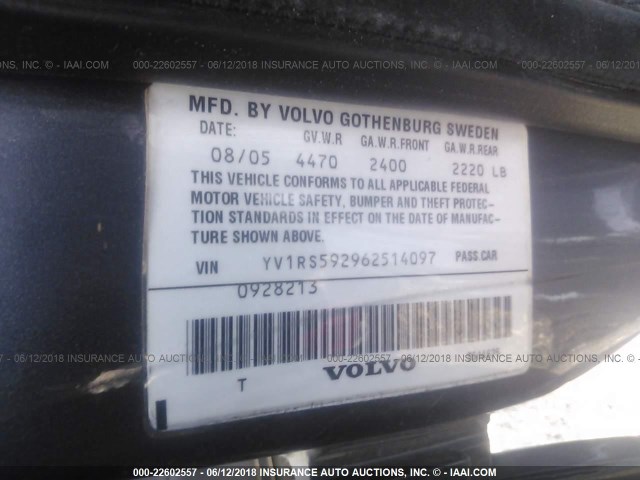 YV1RS592962514097 - 2006 VOLVO S60 2.5T SILVER photo 9