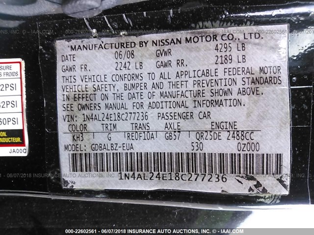 1N4AL24E18C277236 - 2008 NISSAN ALTIMA 2.5S BLACK photo 9